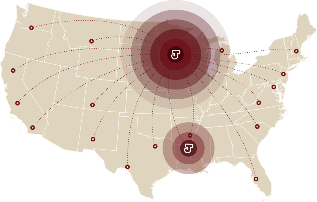 Map of the lower 48 states showing Jusczak Trucking's service coverage